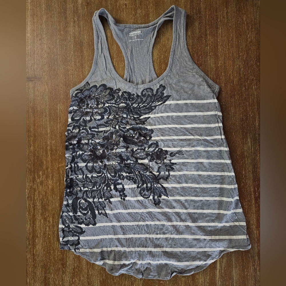 Express Gray and Black Floral Women's Tank Top White And Grey Stripes Size Small